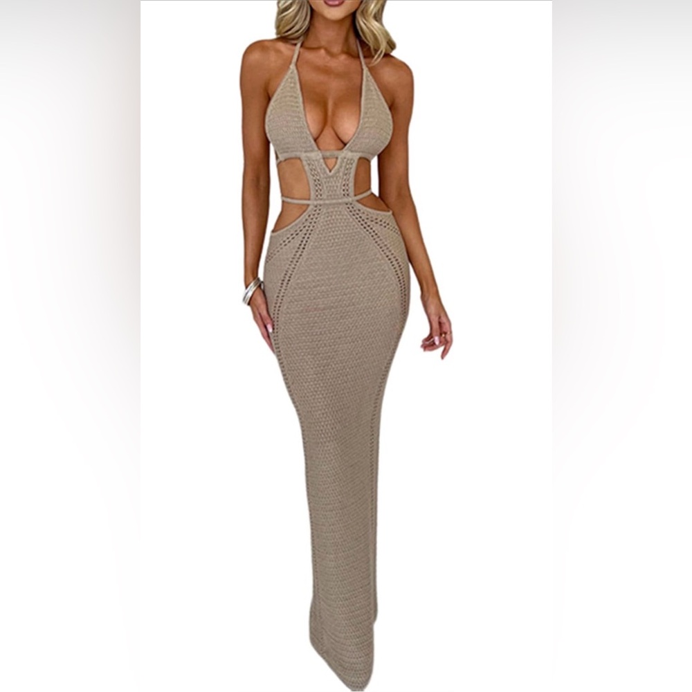 Elegant Tan Halter Maxi Dress